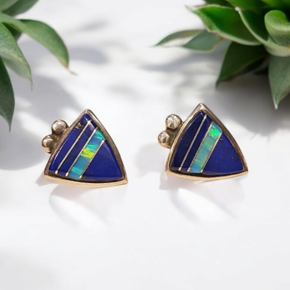 VINTAGE Navajo Ervin Hoskie HANDMADE Lapis & Opal Sterling Silver Stud Earrings